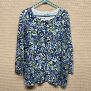 Talbots Women's 2X Blue Green Cotton Cardigan Sweater Floral Paisley Lightweight